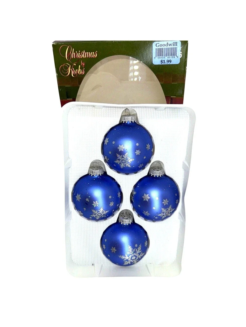 4 Vintage Christmas By Krebs Blue Glass Ball Ornament Silver Snowflake 2.5